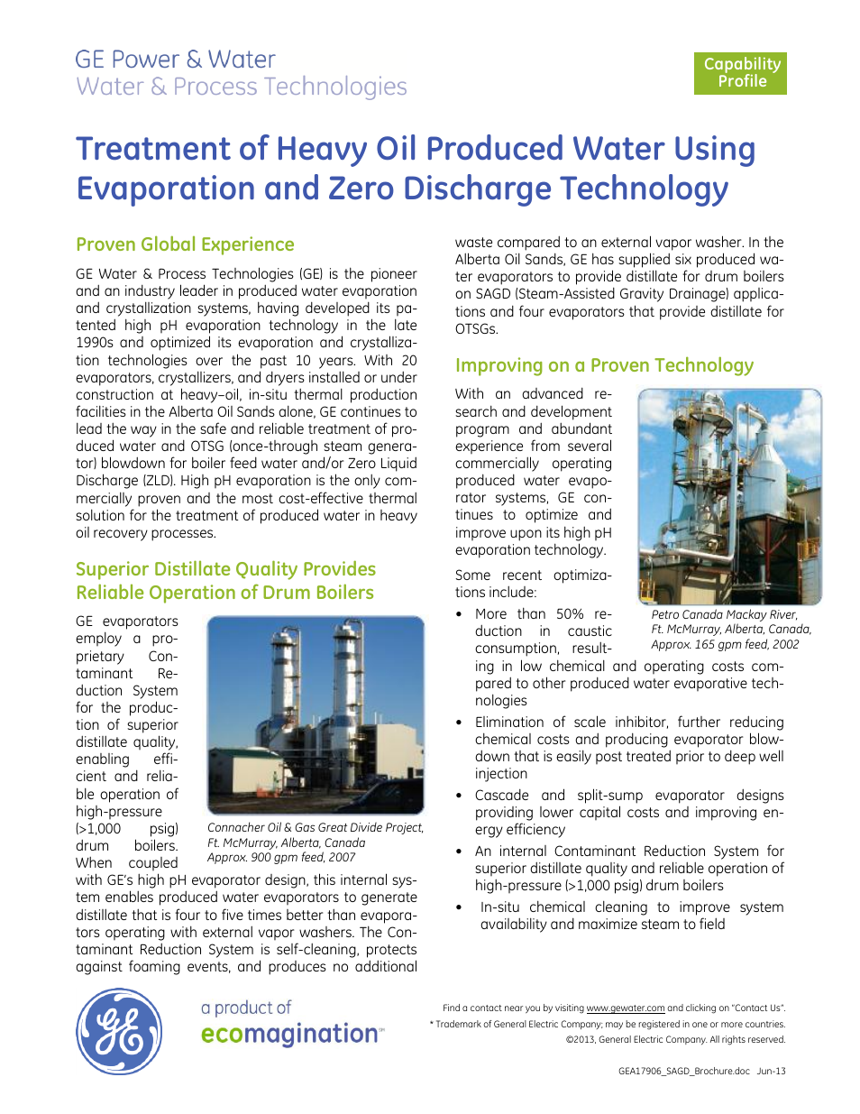 GE P&W SAGD Water Evaporators User Manual | 2 pages