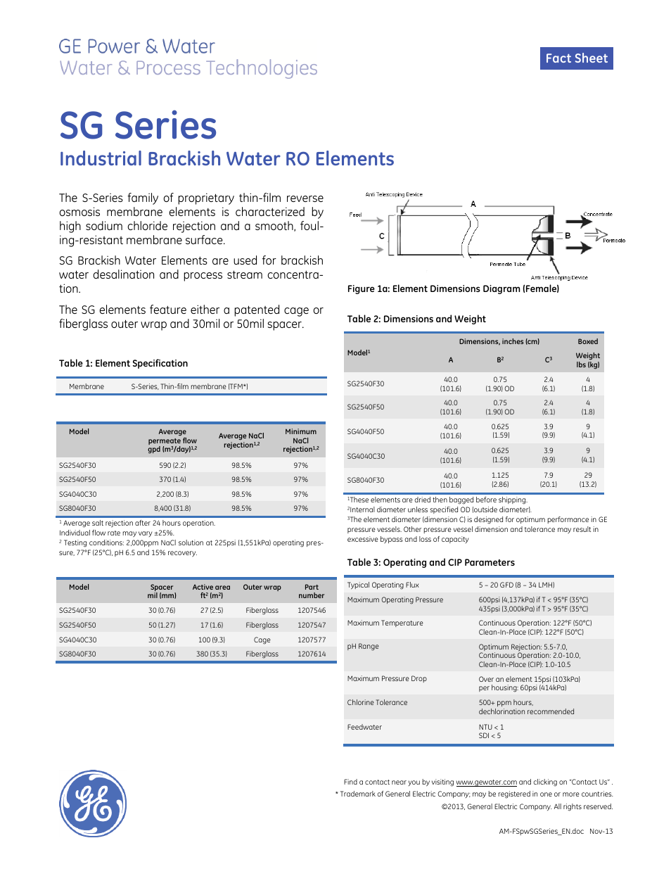 GE P&W Spiral Wound Membranes - SG Series User Manual | 1 page