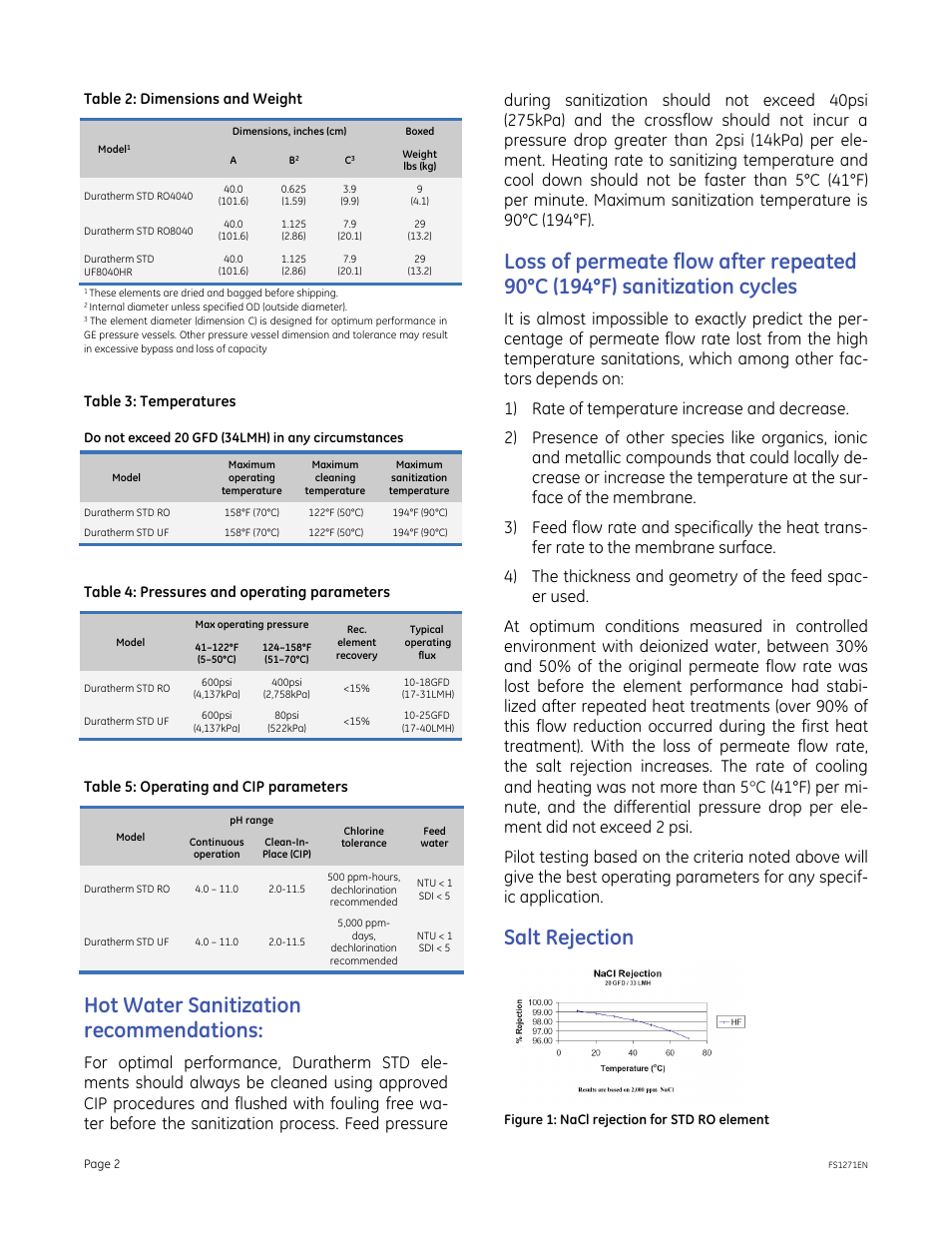 Hot water sanitization recommendations, Salt rejection, Table 2: dimensions and weight | Table 3: temperatures, Table 4: pressures and operating parameters, Table 5: operating and cip parameters | GE P&W Spiral Wound Membranes - Duratherm STD Series User Manual | Page 2 / 3