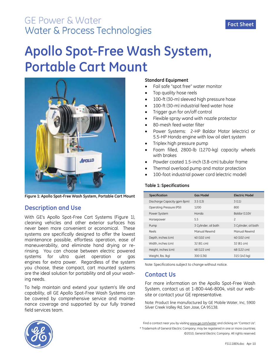 GE P&W Service Deionization (SDI) - Apollo Spot-Free Wash System, Portable Cart Mount User Manual | 1 page