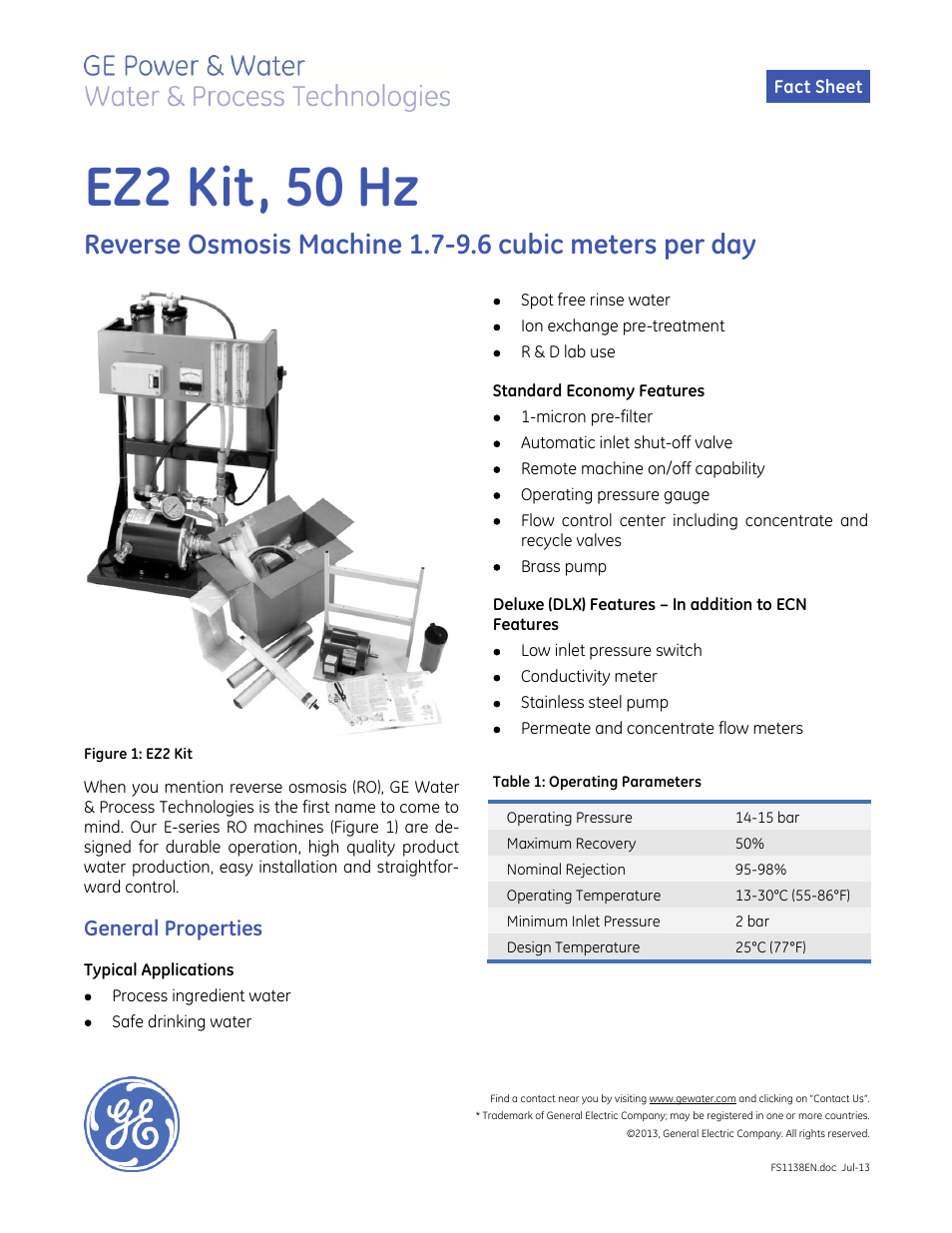 GE P&W E-Series Reverse Osmosis - EZ-2 Kit 50 Hz User Manual | 2 pages