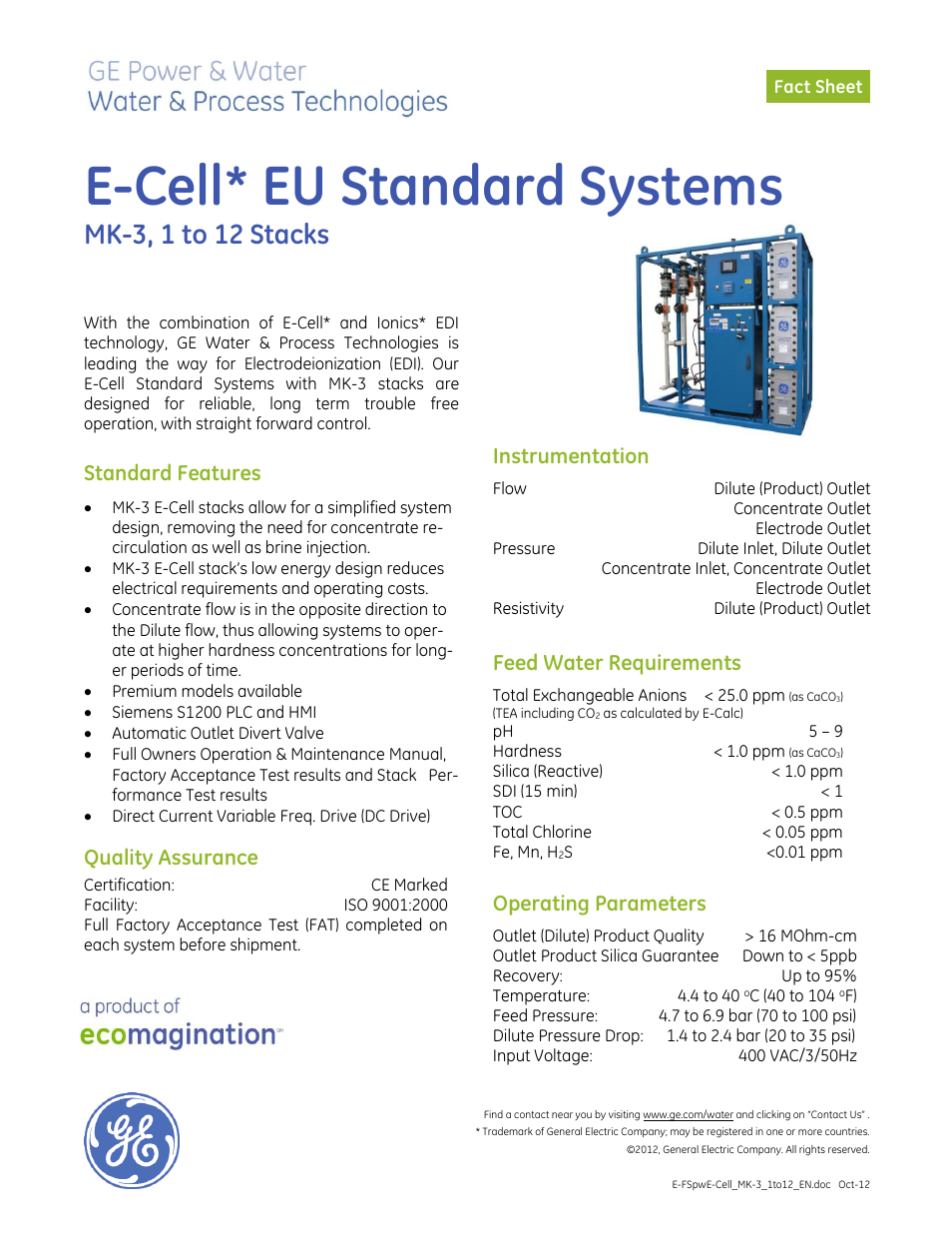 GE P&W Electrodeionization (EDI) - E-Cell EU Standard Systems MK-3, 1 to 12 Stacks User Manual | 2 pages