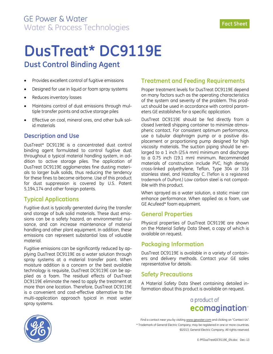 GE P&W CoalPlus - DusTreat DC9119E User Manual | 1 page
