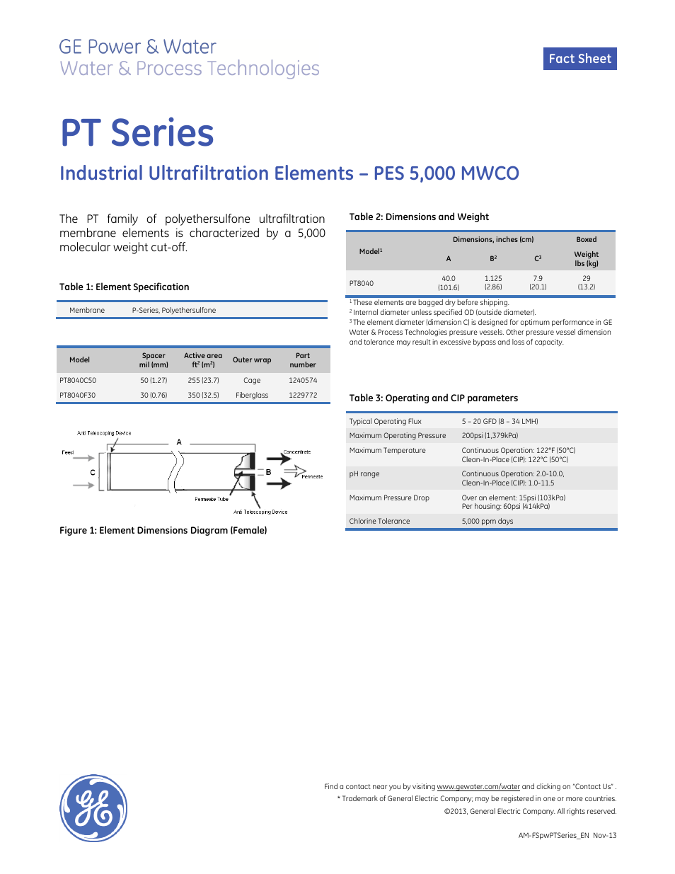 GE P&W Spiral Wound Membranes - PT Series User Manual | 1 page