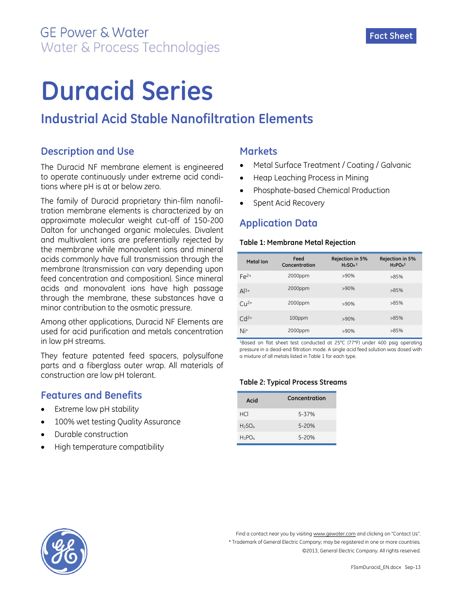 GE P&W Spiral Wound Membranes - Duracid Series User Manual | 2 pages