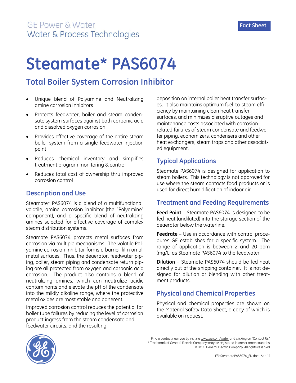 GE P&W Hydrogen Sulfide Scavengers - Steamate PAS6074 User Manual | 2 pages