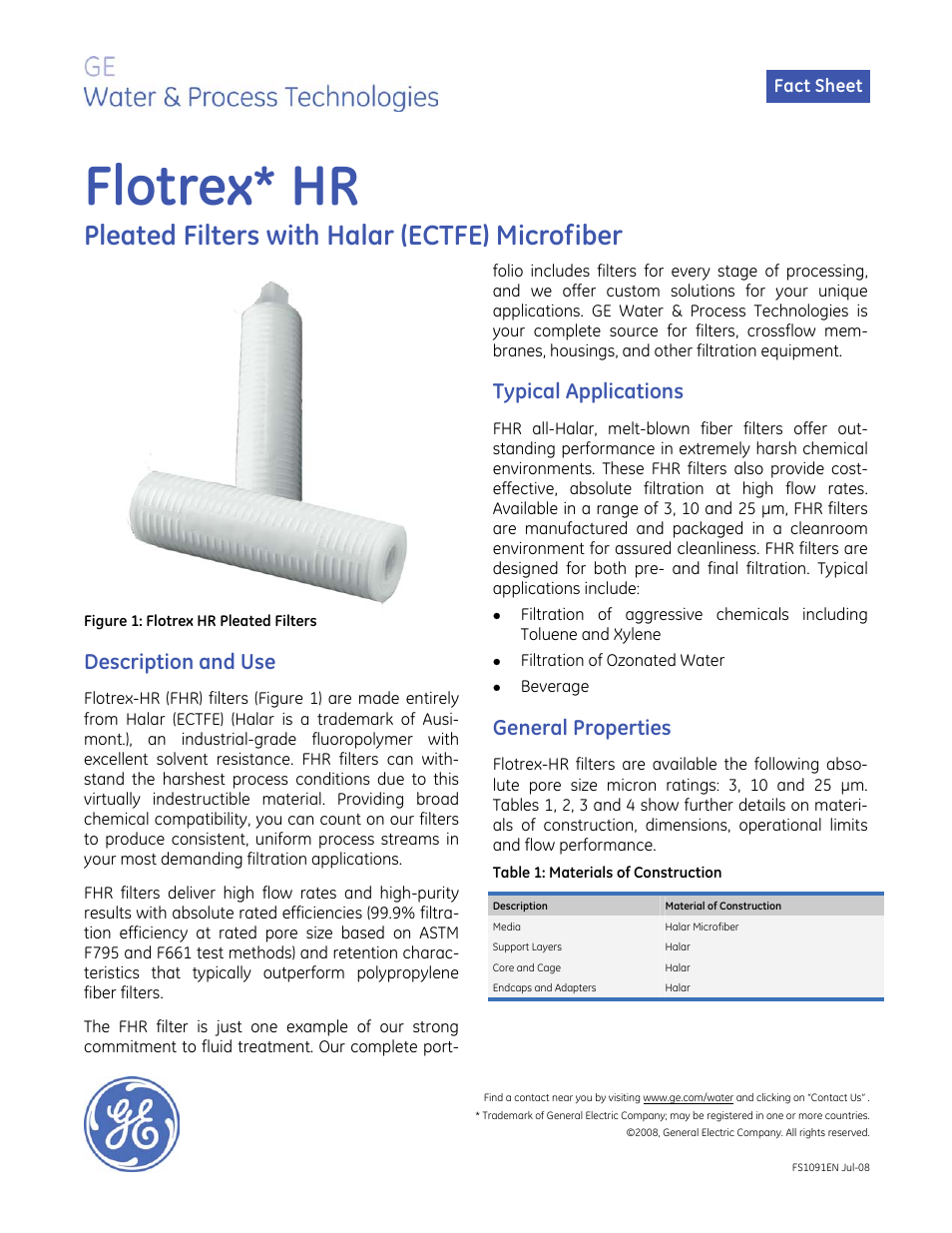 GE P&W Pleated Filters - Flotrex HR Pleated Filters User Manual | 2 pages