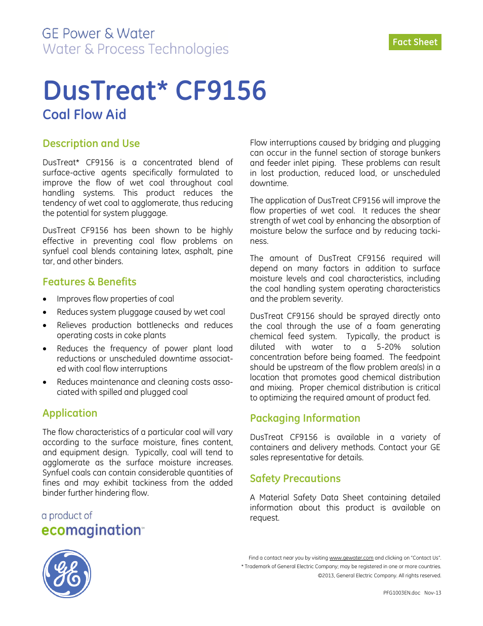 GE P&W CoalPlus - DusTreat CF9156 User Manual | 1 page