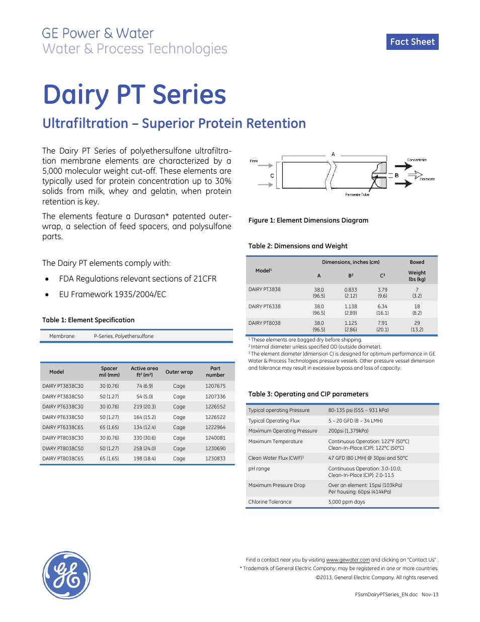 GE P&W Spiral Wound Membranes - Dairy PT Series User Manual | 1 page