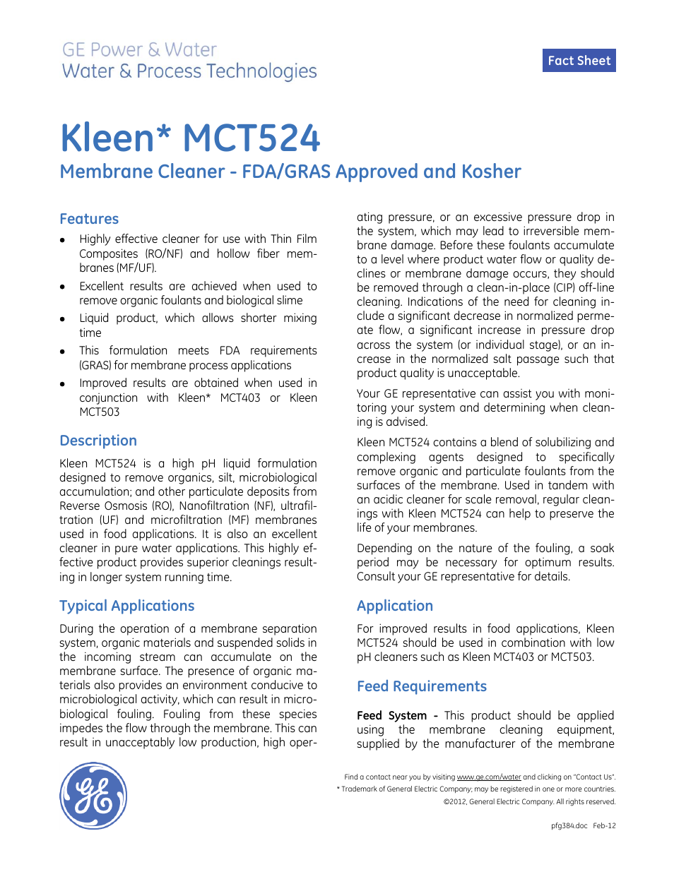 GE P&W Membrane Chemicals - Kleen MCT524 User Manual | 2 pages