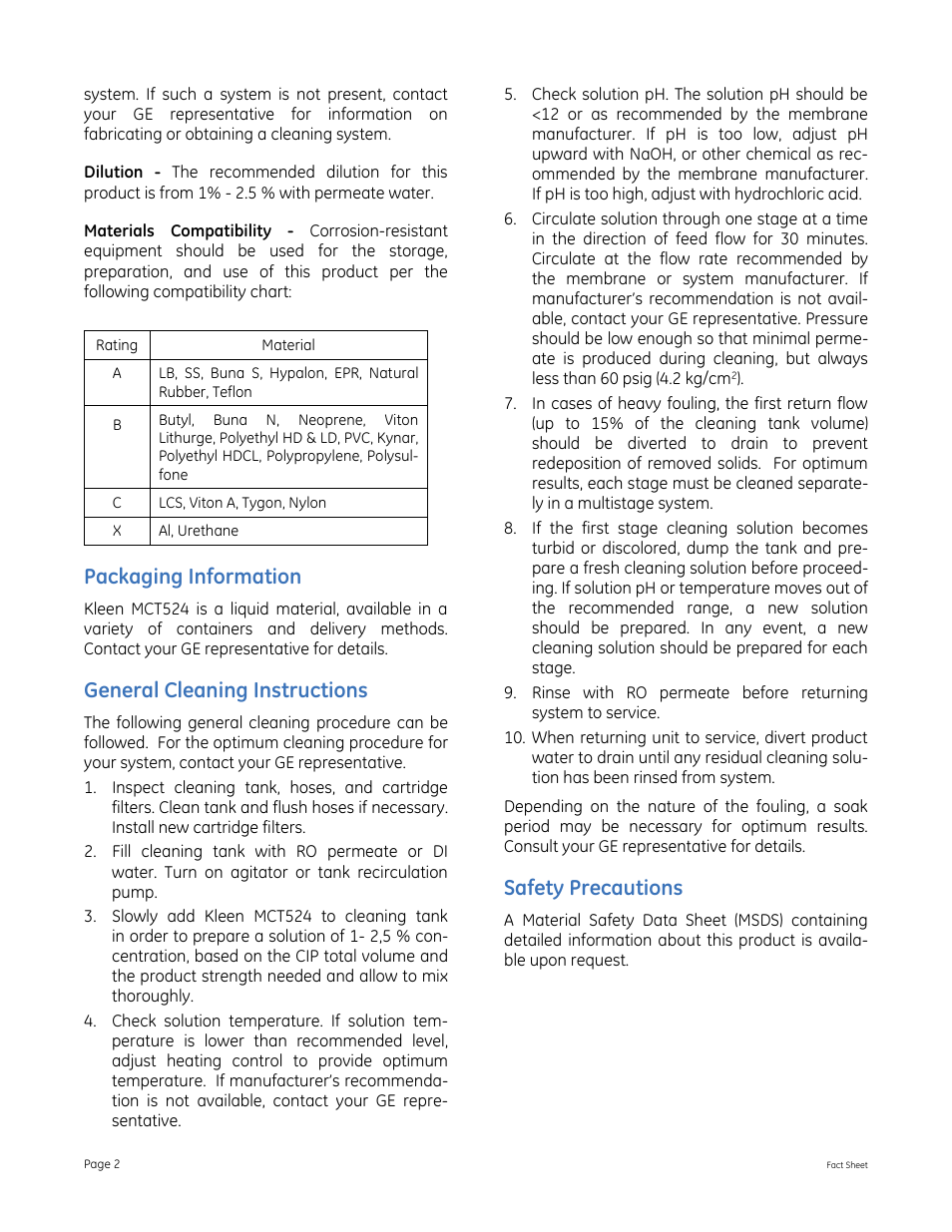 Packaging information, General cleaning instructions, Safety precautions | GE P&W Membrane Chemicals - Kleen MCT524 User Manual | Page 2 / 2