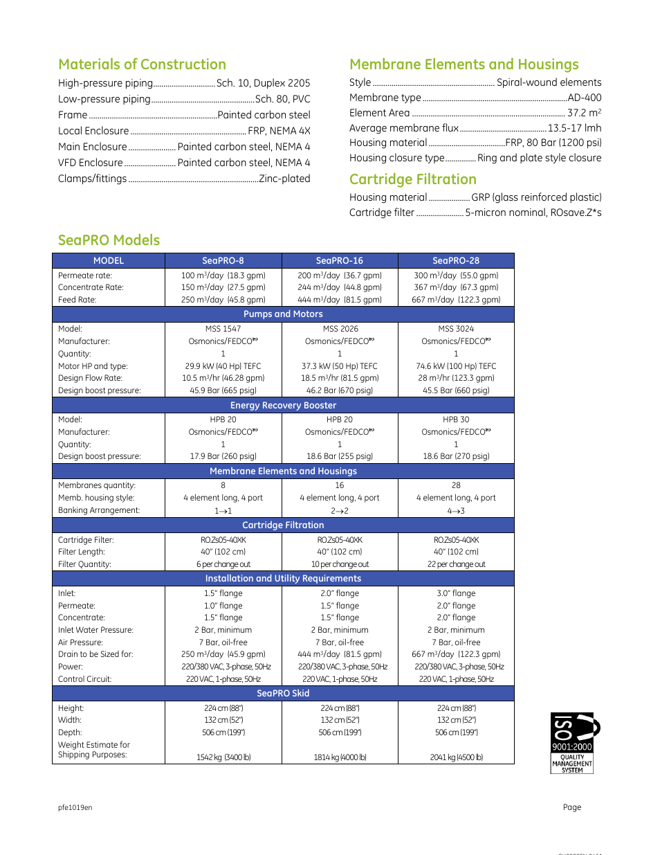 Materials of construction, Membrane elements and housings, Cartridge filtration | Seapro models | GE P&W SeaPRO Series 50 Hz 35,000 ppm NaCl 100-300 m3_day User Manual | Page 2 / 2