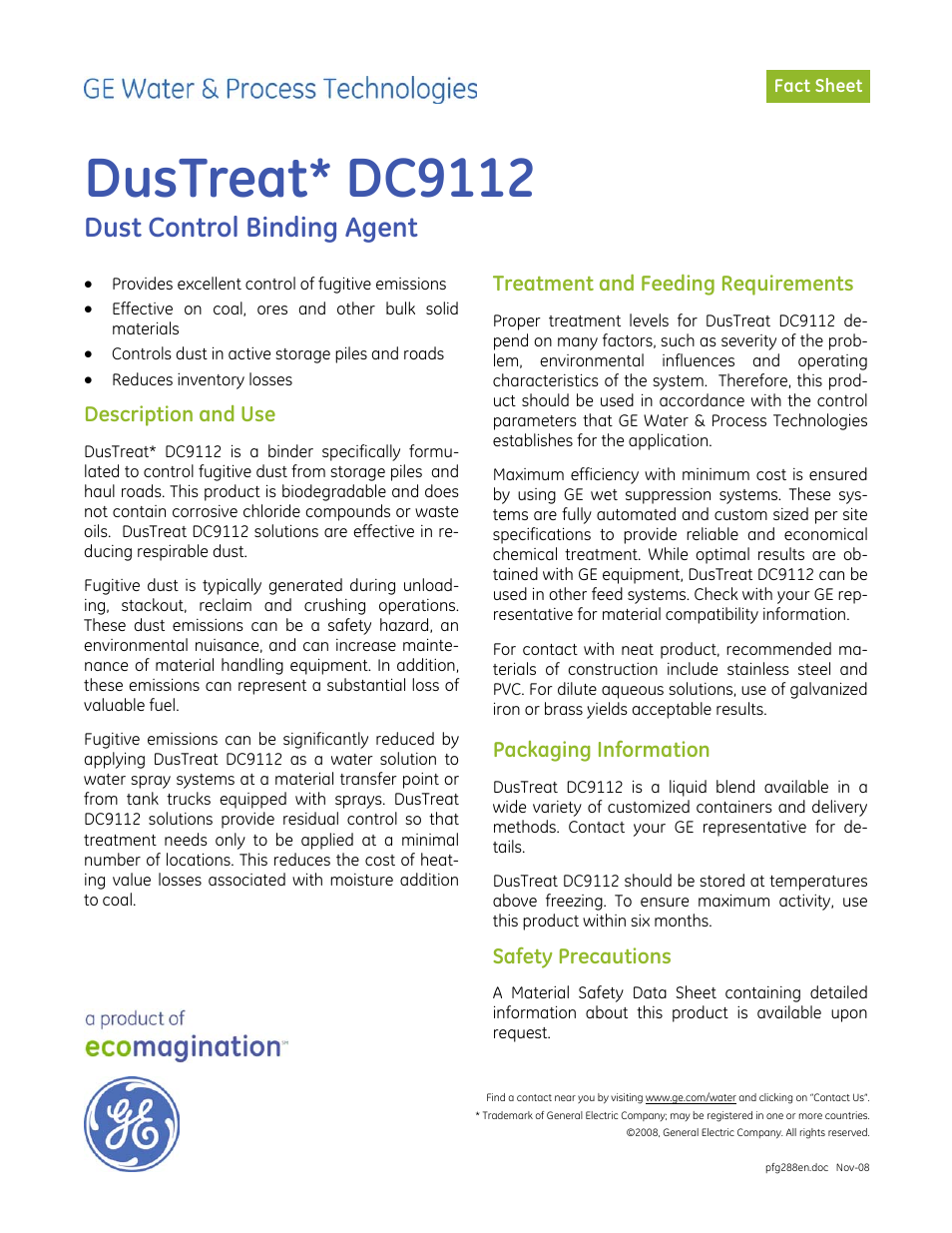 GE P&W CoalPlus - DusTreat DC9112 User Manual | 1 page