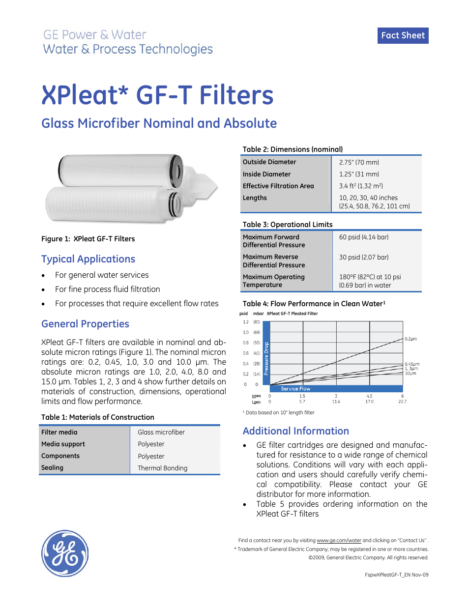 GE P&W Pleated Filters - XPleat GF-T User Manual | 2 pages