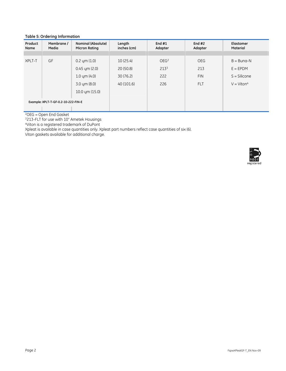 GE P&W Pleated Filters - XPleat GF-T User Manual | Page 2 / 2