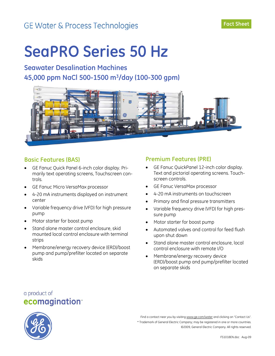 GE P&W SeaPRO Series 50 Hz, 45,000 ppm NaCL 500-1500 m3_day (100-300 gpm) User Manual | 3 pages