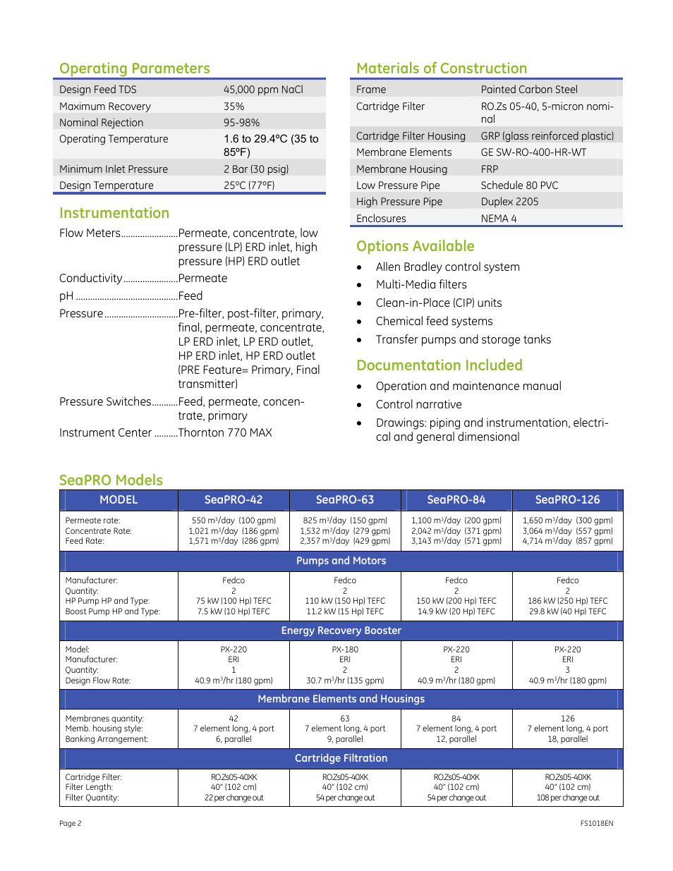 Operating parameters, Instrumentation, Materials of construction | Options available, Documentation included, Seapro models | GE P&W SeaPRO Series 50 Hz, 45,000 ppm NaCL 500-1500 m3_day (100-300 gpm) User Manual | Page 2 / 3