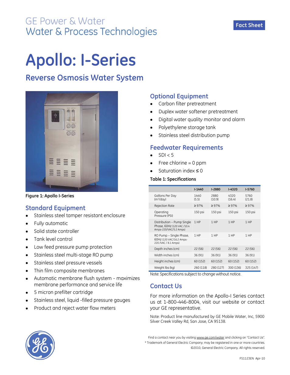 GE P&W Service Deionization (SDI) - Apollo: I-Series User Manual | 1 page