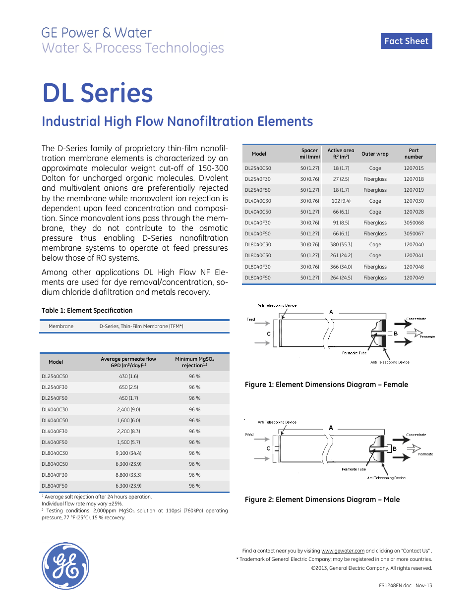GE P&W Spiral Wound Membranes - DL Series User Manual | 2 pages