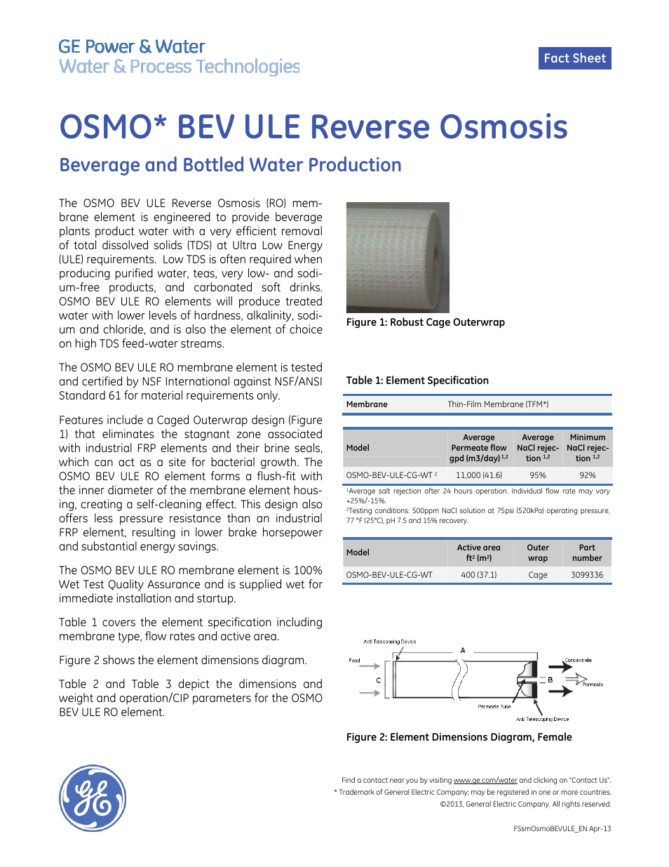 GE P&W Spiral Wound Membranes - OSMO BEV ULE Reverse Osmosis User Manual | 2 pages