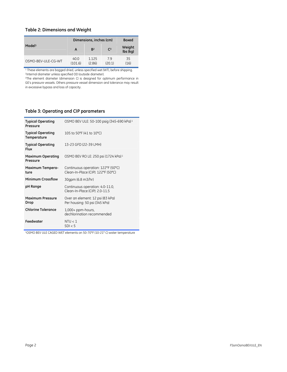 Table 2: dimensions and weight, Table 3: operating and cip parameters | GE P&W Spiral Wound Membranes - OSMO BEV ULE Reverse Osmosis User Manual | Page 2 / 2