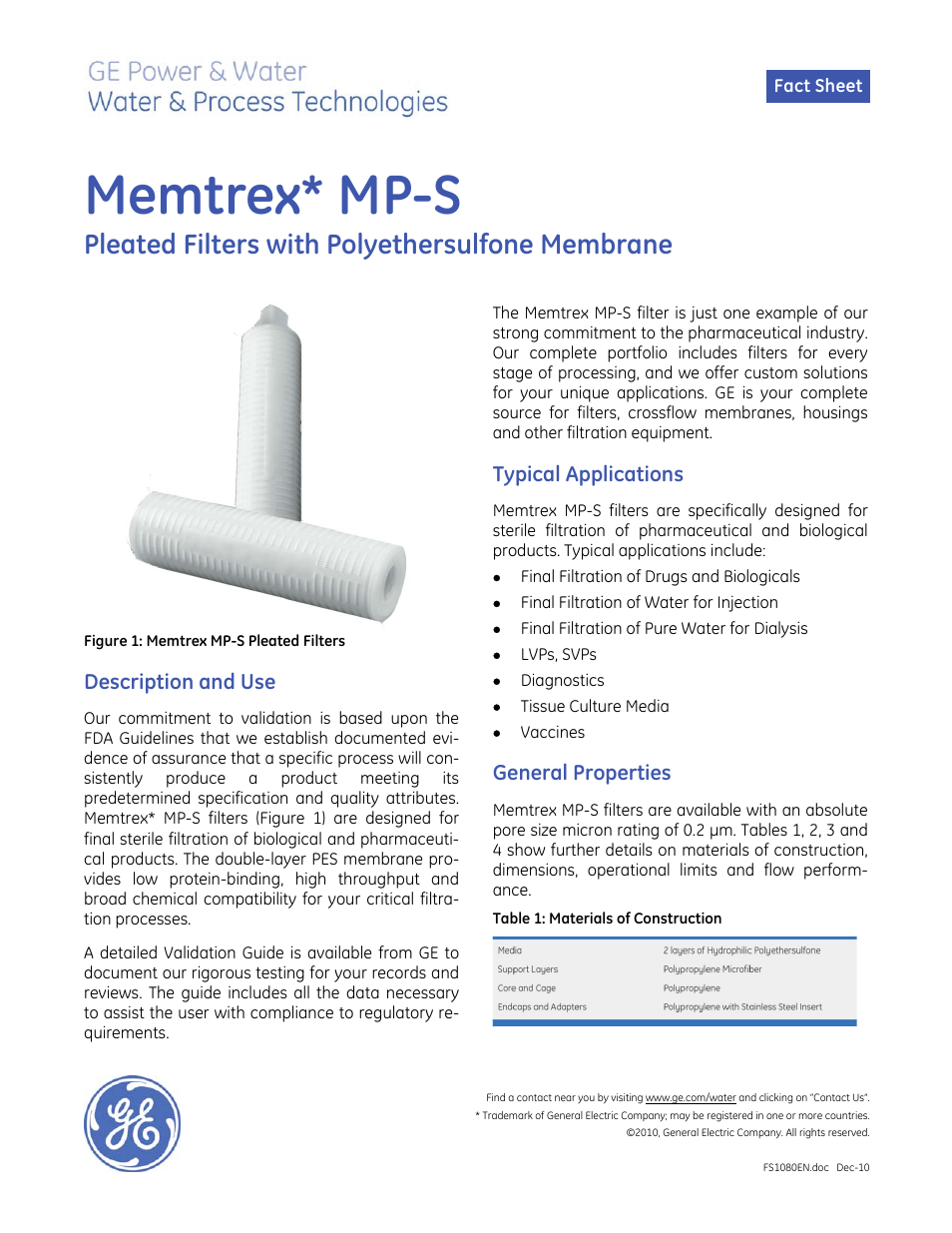 GE P&W Pleated Filters - Memtrex MP-S Pleated Filters User Manual | 2 pages