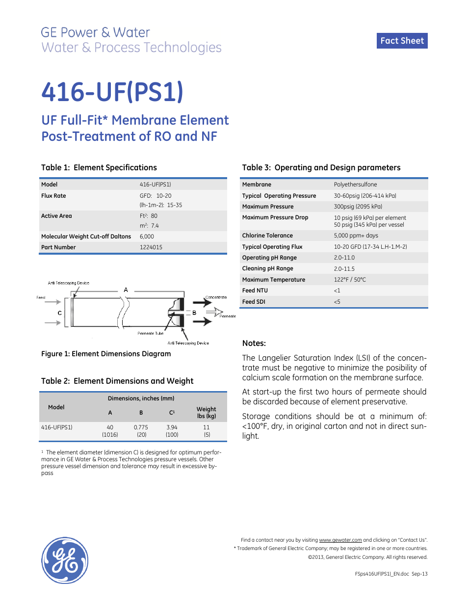 GE P&W Spiral Wound Membranes - 416-UF(PS1) User Manual | 1 page