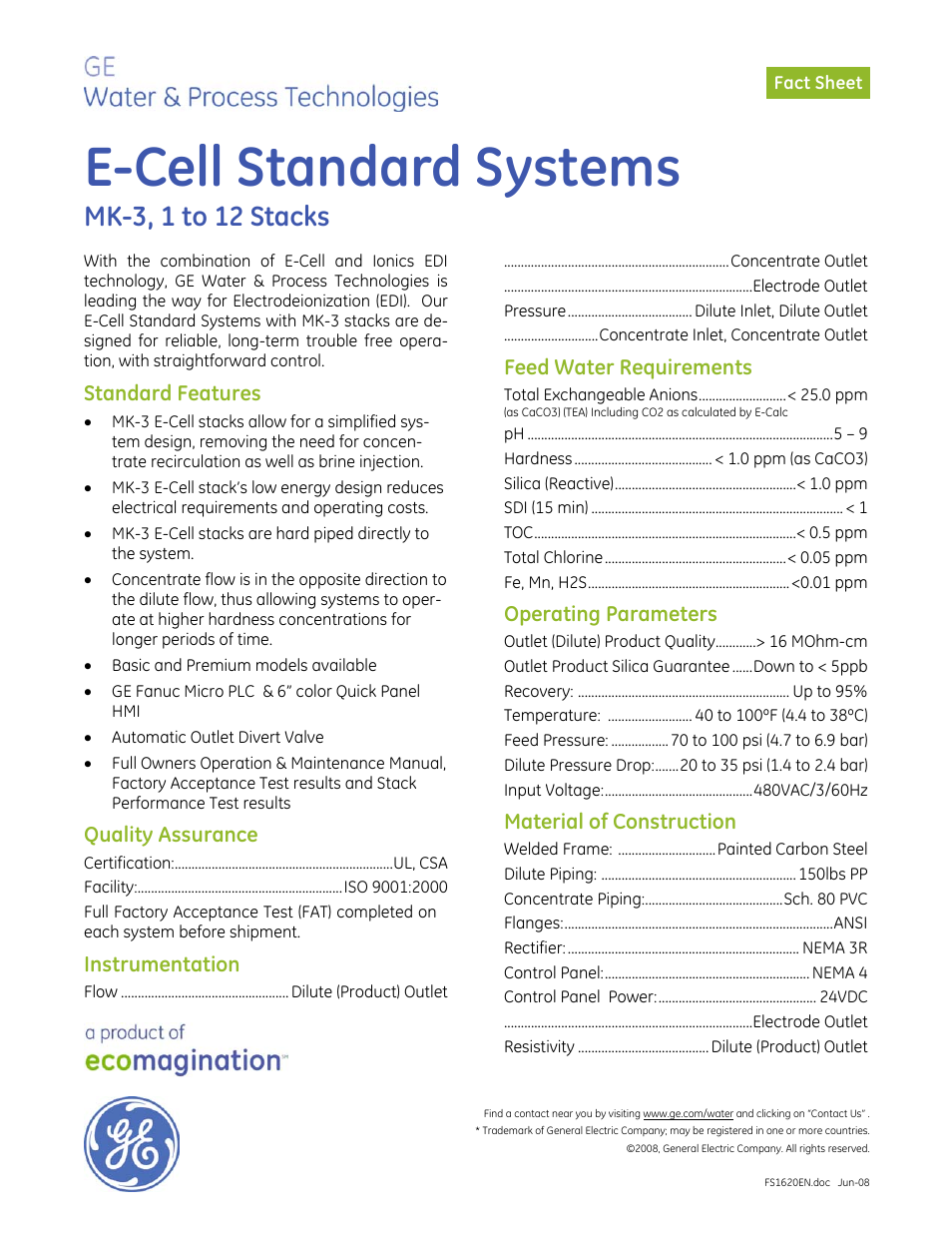 GE P&W Electrodeionization (EDI) - E-Cell Standard Systems, MK-3, 1 to 12 Stacks User Manual | 2 pages