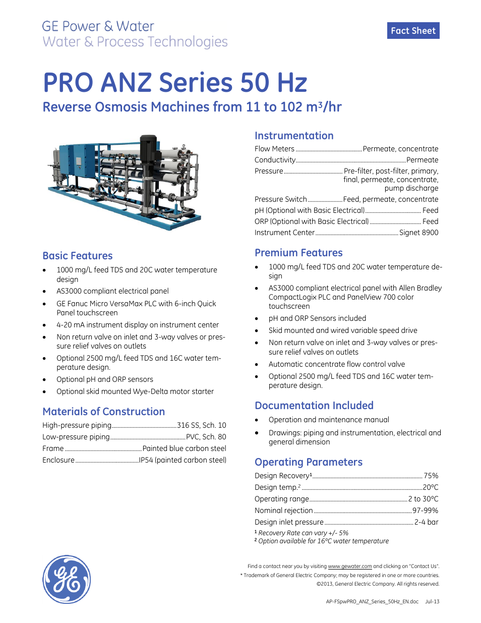 GE P&W PRO ANZ Series 50 Hz User Manual | 2 pages