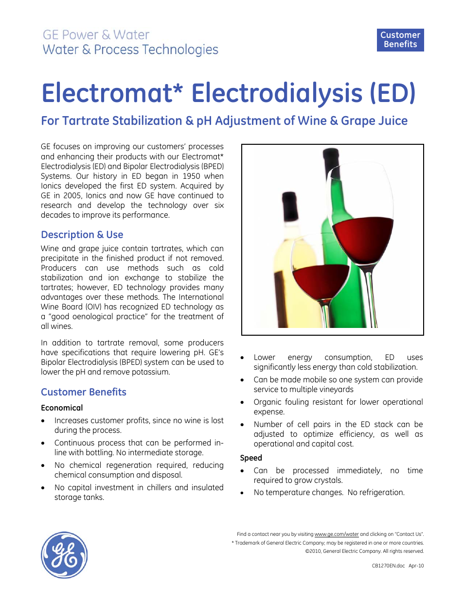 GE P&W Electrodialysis (ED) for Tartrate Stabilization & pH Adjustment of Wine & Grape Juice User Manual | 2 pages