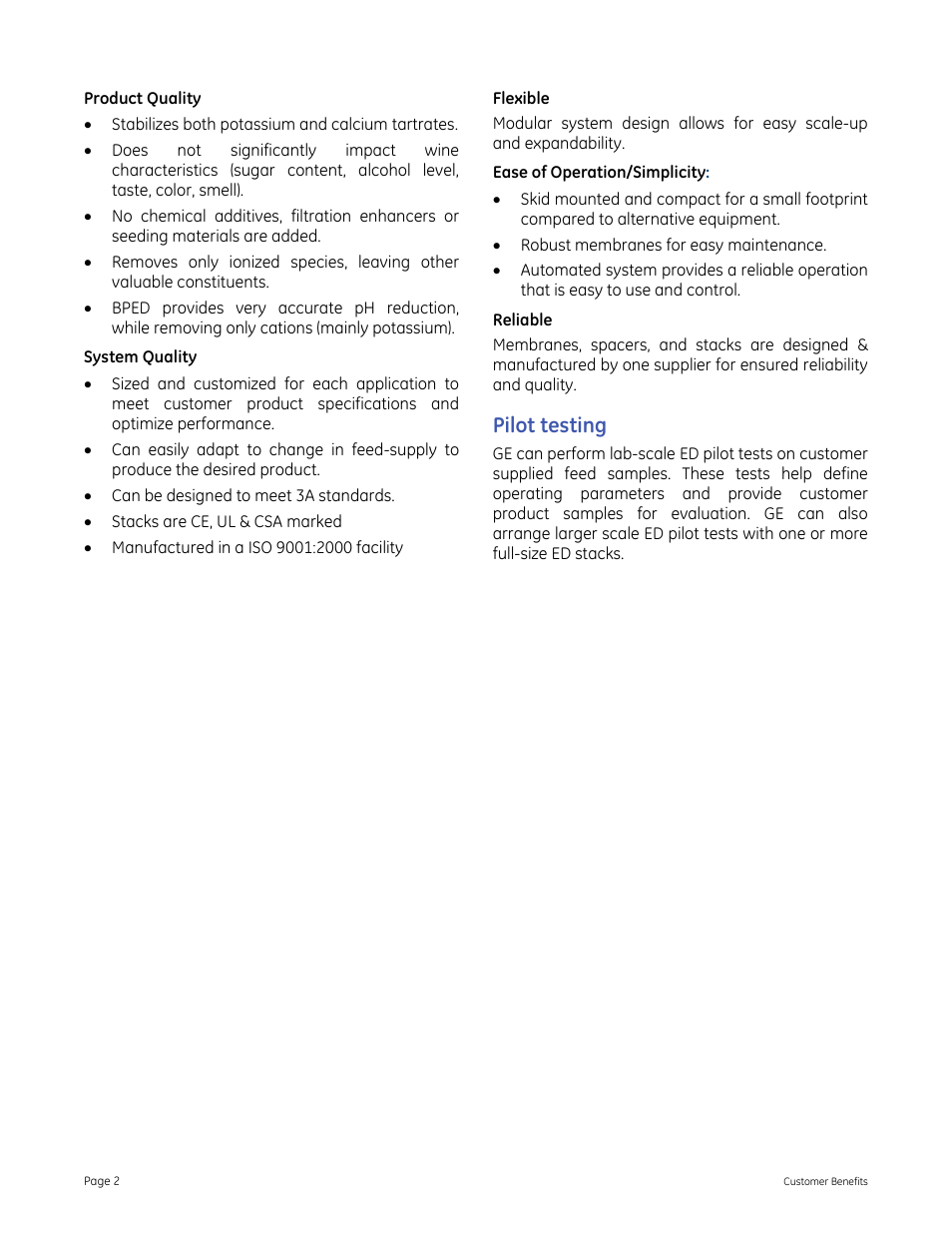 Pilot testing | GE P&W Electrodialysis (ED) for Tartrate Stabilization & pH Adjustment of Wine & Grape Juice User Manual | Page 2 / 2
