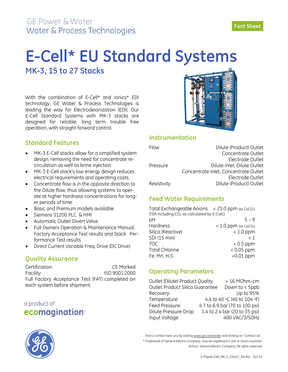 GE P&W Electrodeionization (EDI) - E-Cell EU Standard Systems MK-3, 15 to 27 Stacks User Manual | 2 pages