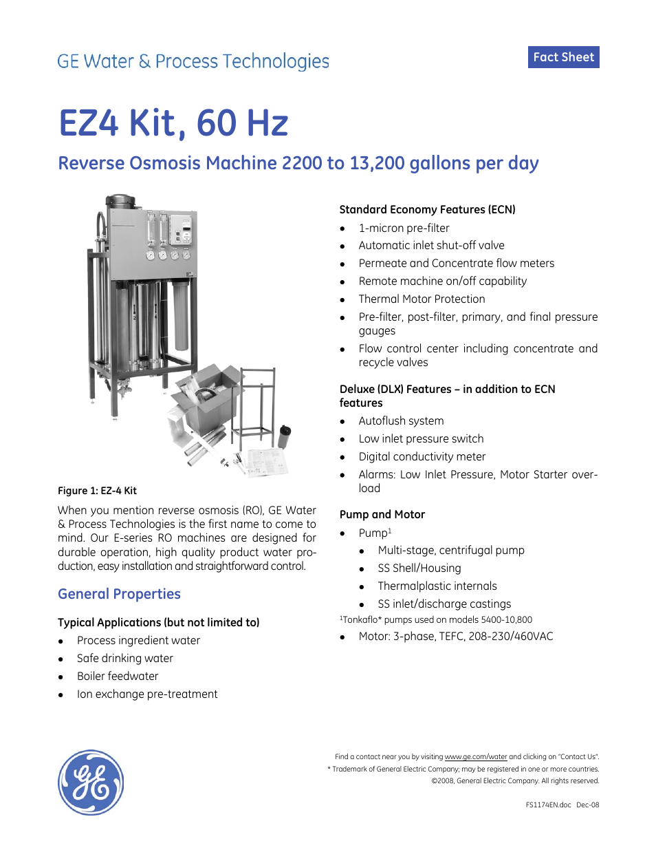 GE P&W E-Series Reverse Osmosis - EZ-4 Kit 60 Hz User Manual | 2 pages