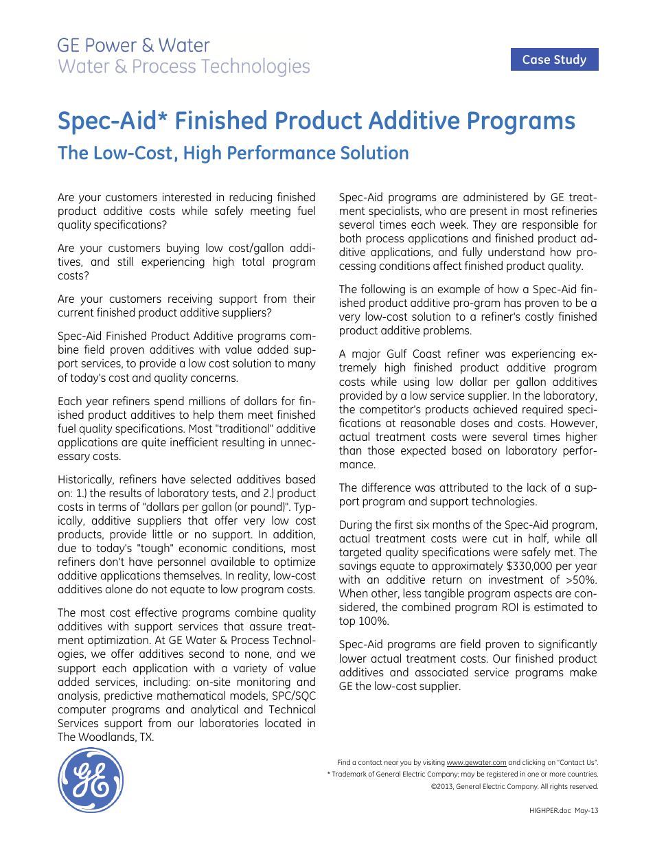 GE P&W SpecAid Finished Product Additives User Manual | 1 page