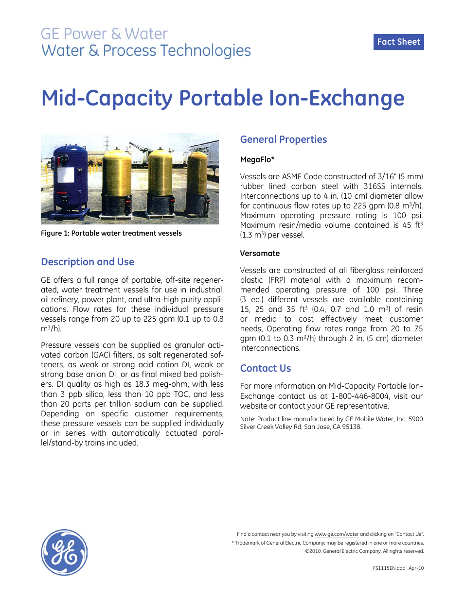 GE P&W Service Deionization (SDI) - Mid-Capacity Portable Ion-Exchange User Manual | 1 page