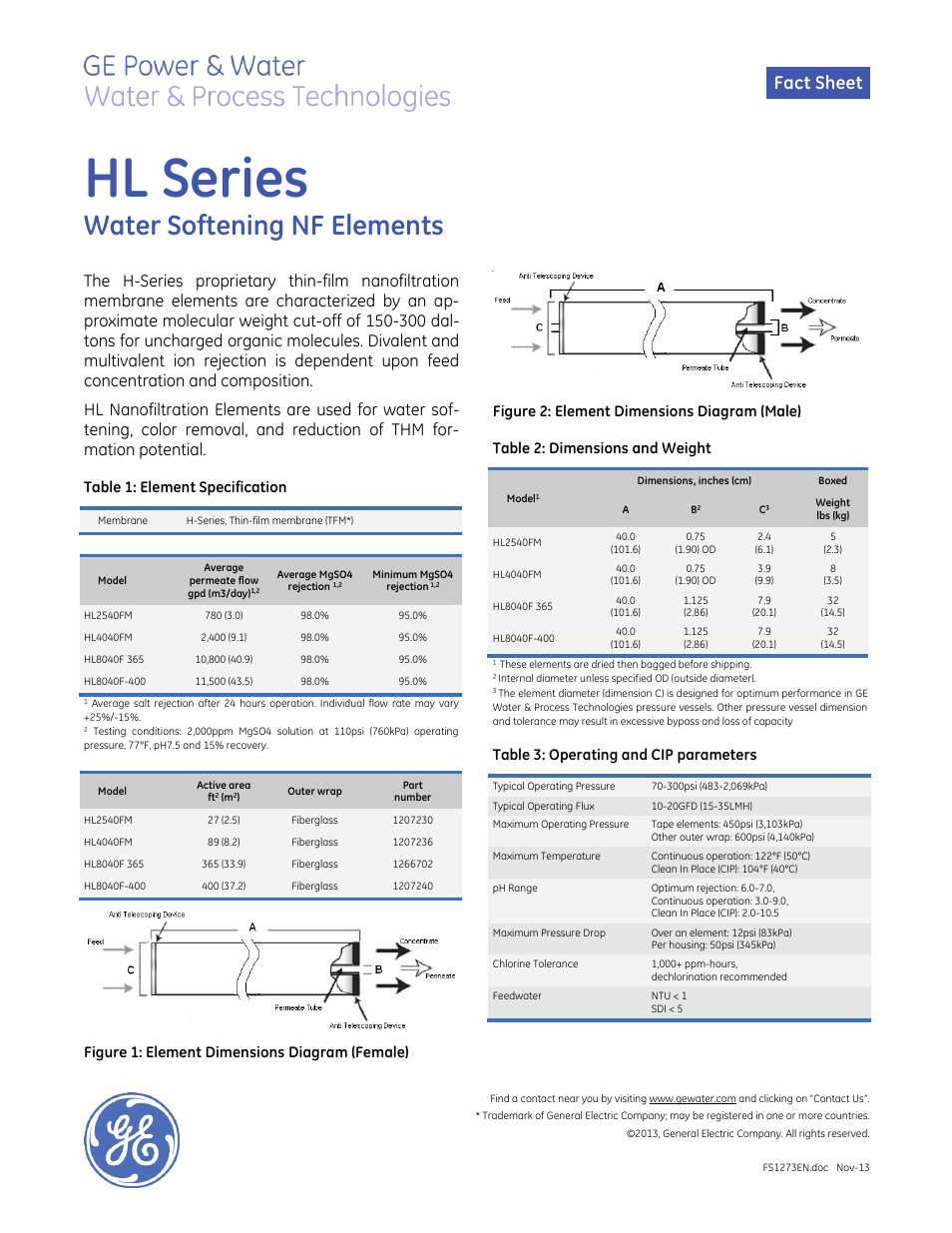 GE P&W Spiral Wound Membranes - HL Series User Manual | 1 page