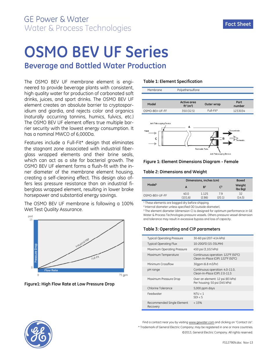 GE P&W Spiral Wound Membranes - OSMO BEV UF Series User Manual | 1 page
