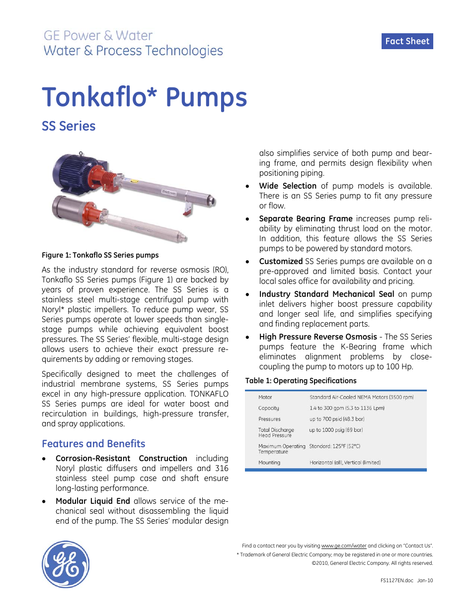 GE P&W Tonkaflo - Pumps SS Series User Manual | 2 pages