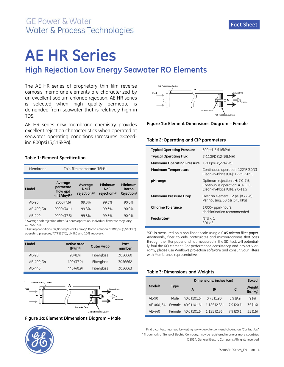 GE P&W Spiral Wound Membranes - AE HR Series User Manual | 1 page