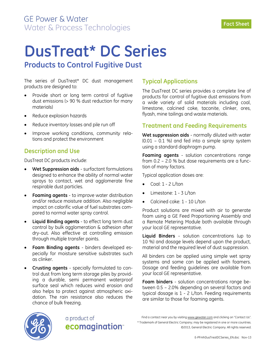GE P&W CoalPlus - DusTreat DC Series User Manual | 2 pages