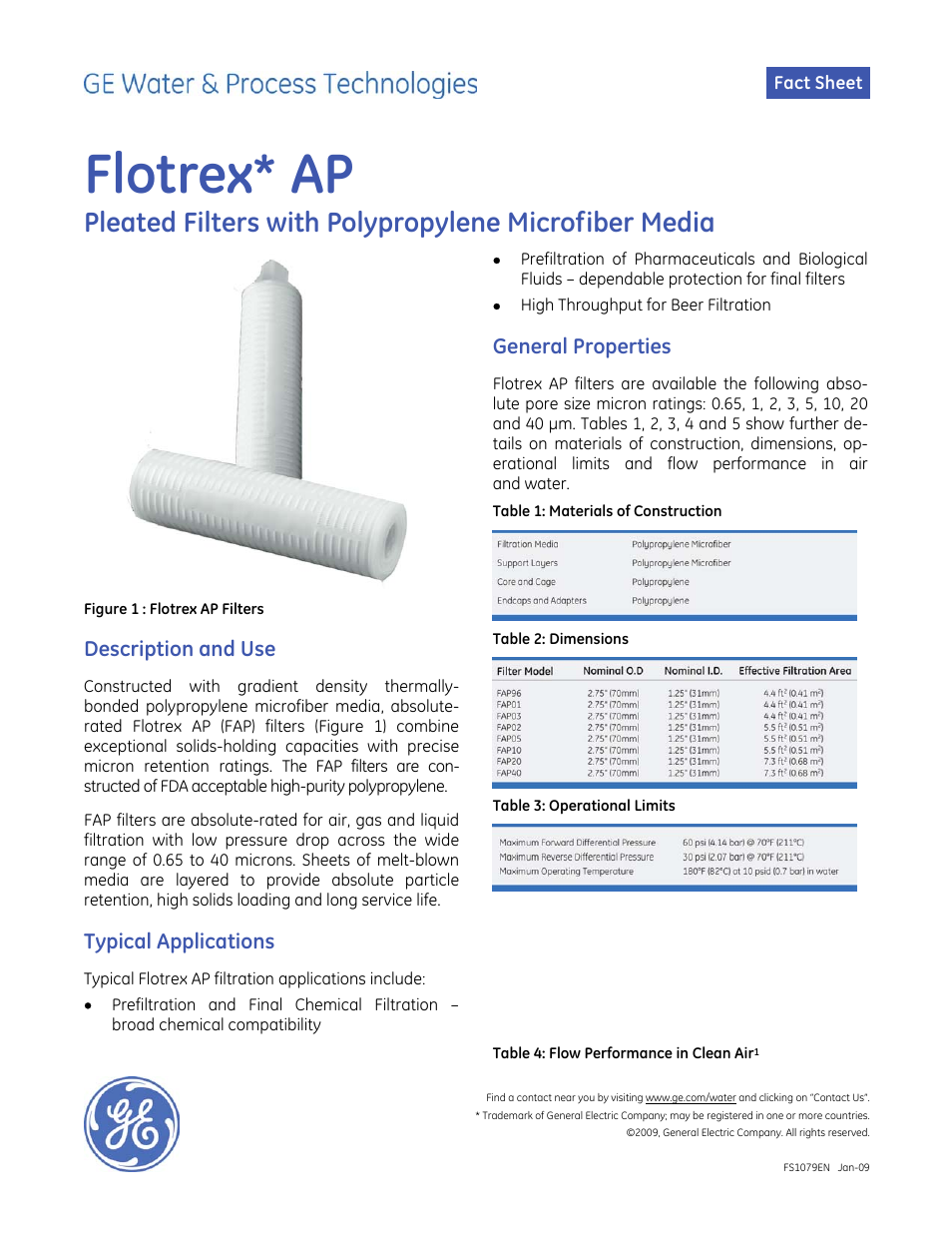 GE P&W Pleated Filters - Flotrex AP Pleated Filters User Manual | 2 pages