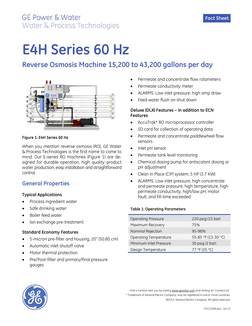 GE P&W E-Series Reverse Osmosis - E4H 60 Hz User Manual | 2 pages