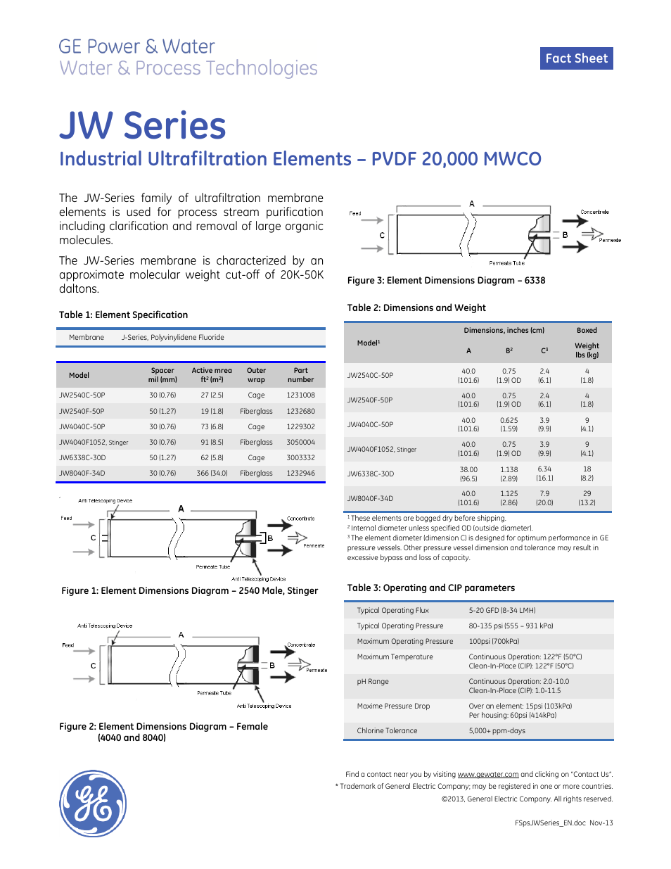 GE P&W Spiral Wound Membranes - JW Series User Manual | 1 page