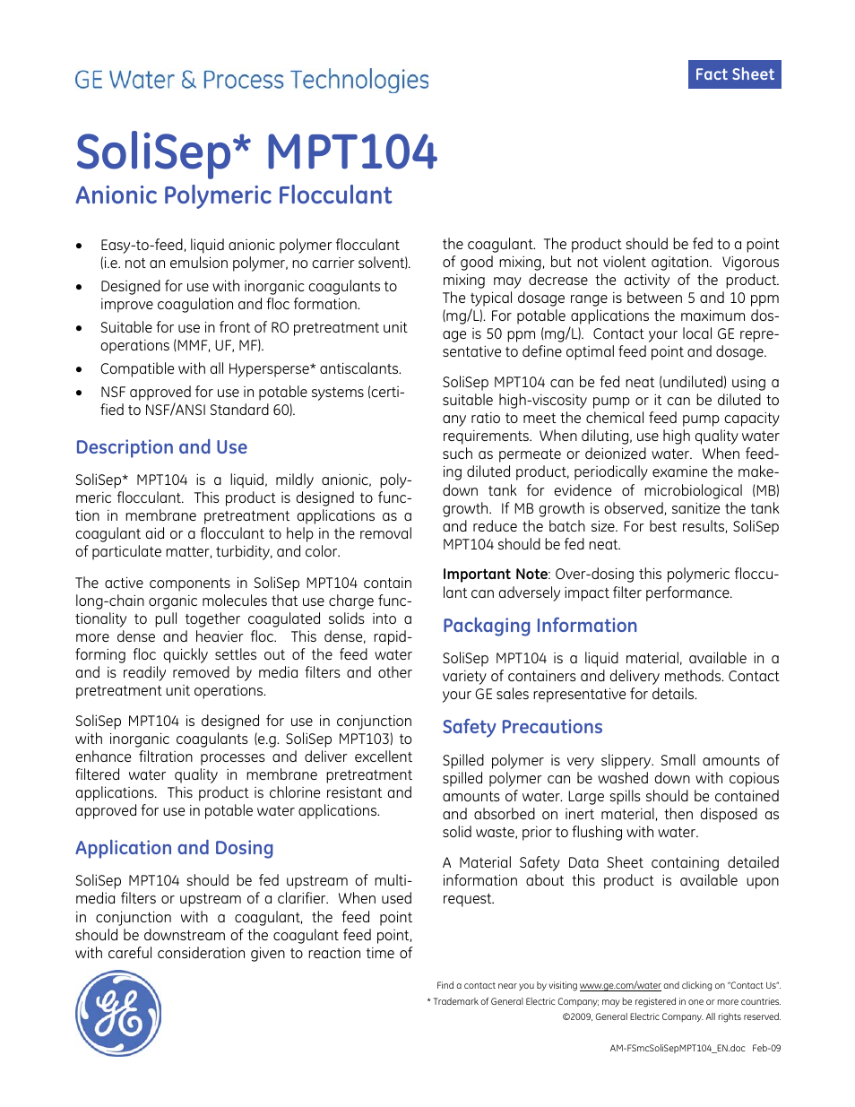 GE P&W Membrane Chemicals - SoliSep MPT104 User Manual | 1 page
