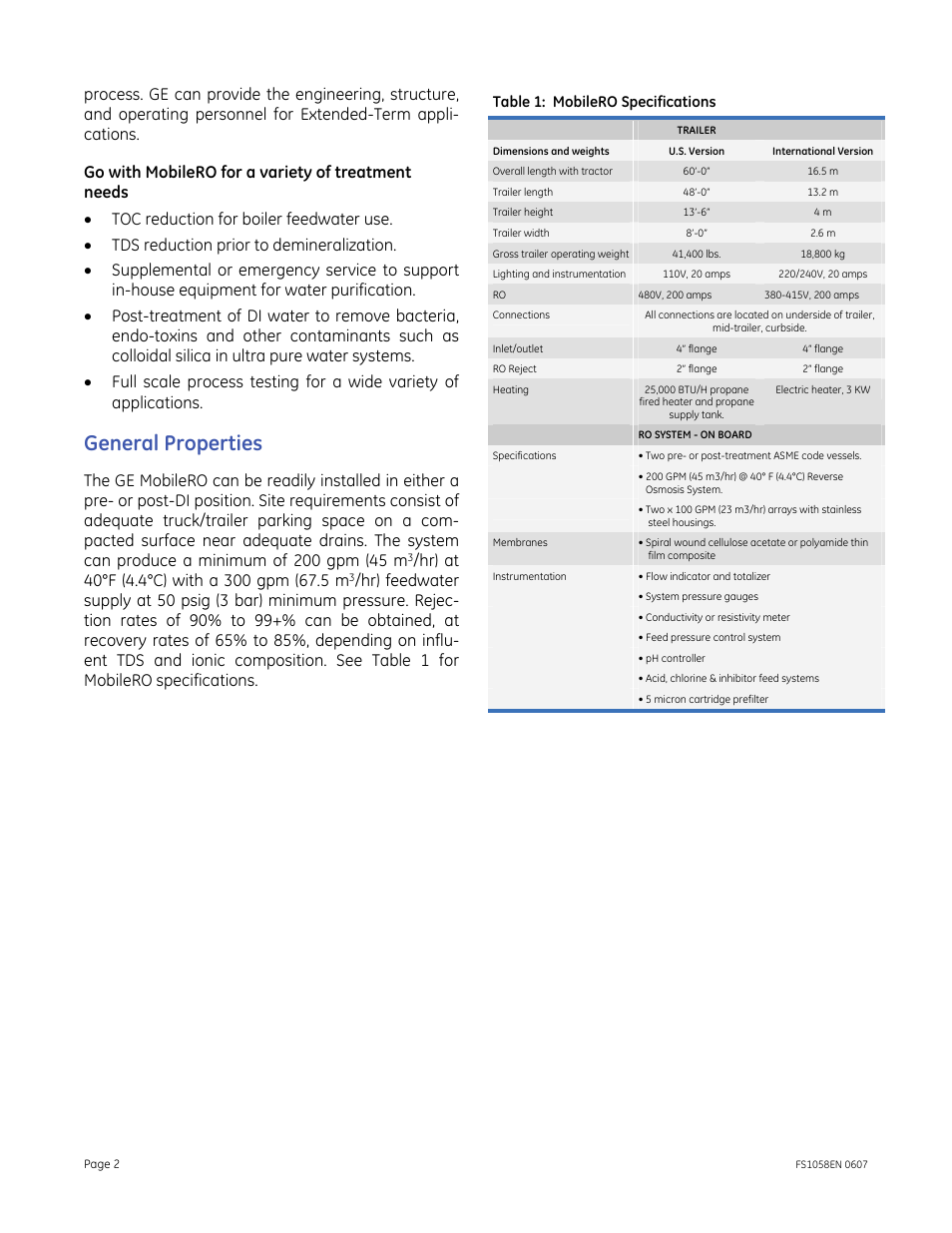 Go with mobilero for a variety of treatment needs, General properties, Table 1: mobilero specifications | GE P&W Mobile Water Treatment Systems - MobileRO User Manual | Page 2 / 2