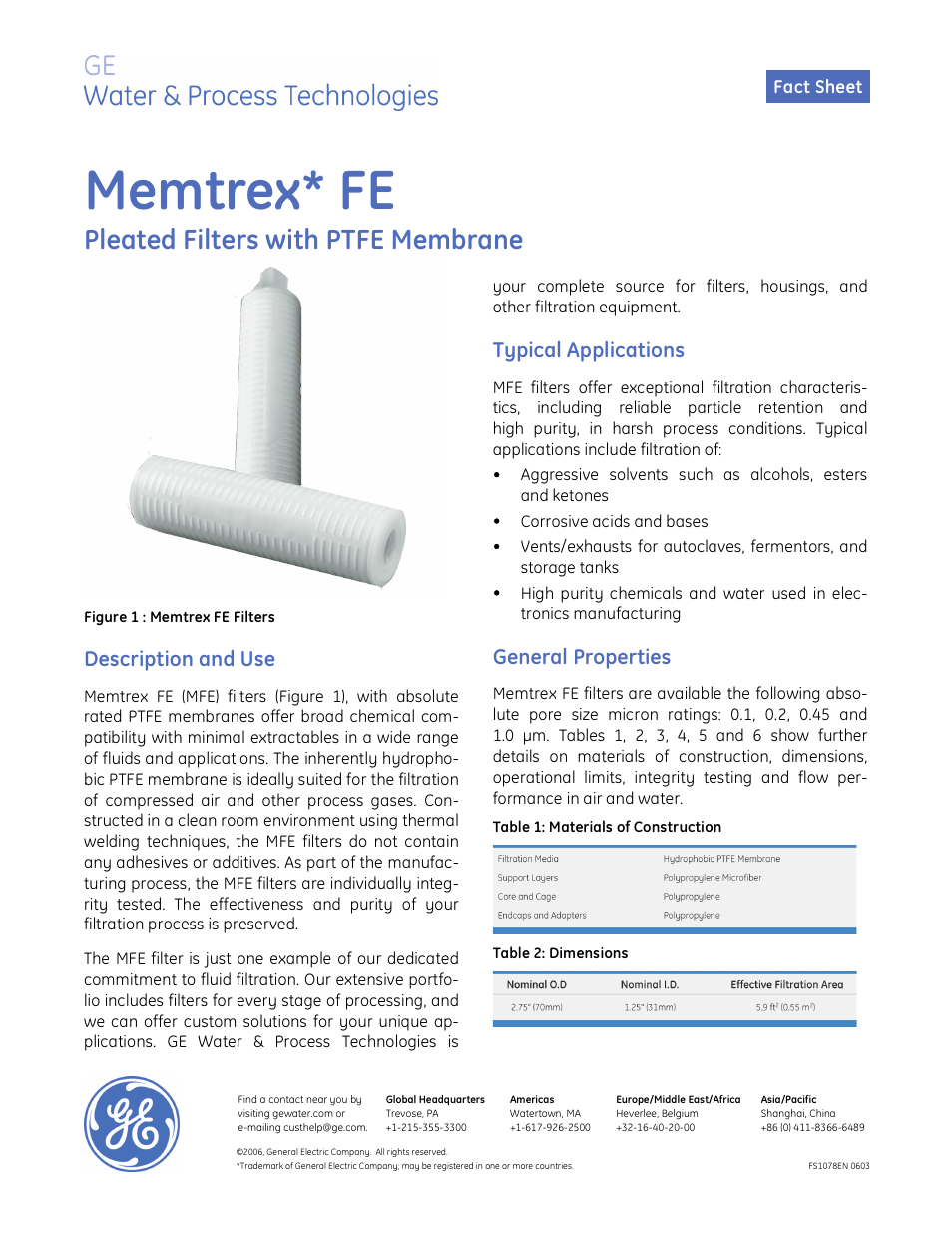 GE P&W Pleated Filters - Memtrex FE Pleated Filters User Manual | 2 pages