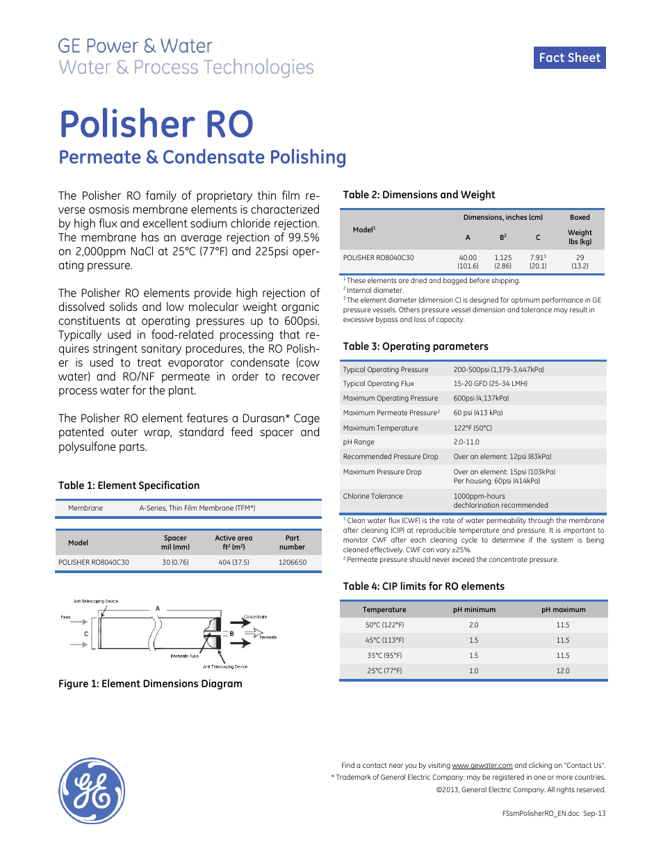 GE P&W Spiral Wound Membranes - Polisher RO User Manual | 1 page