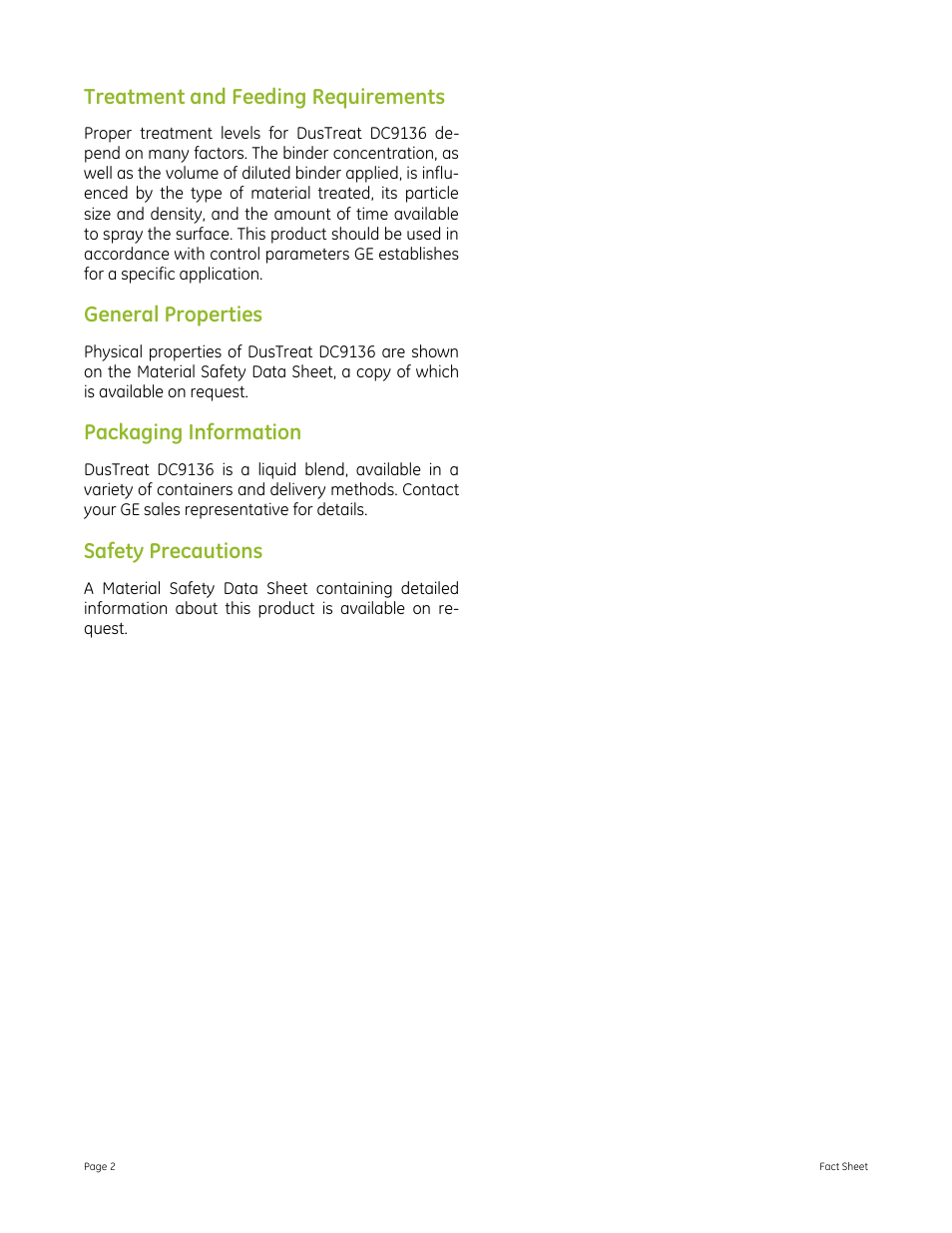 Treatment and feeding requirements, General properties, Packaging information | Safety precautions | GE P&W CoalPlus - DusTreat DC9136 User Manual | Page 2 / 2