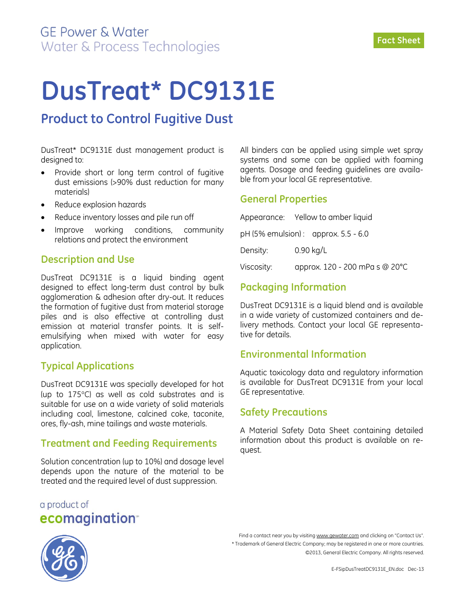 GE P&W CoalPlus - DusTreat DC9131E User Manual | 1 page