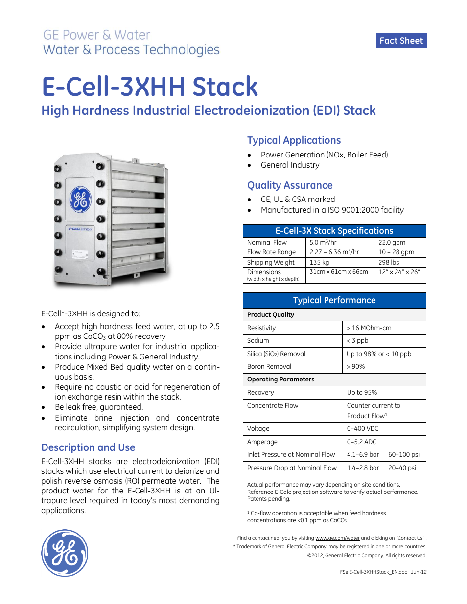 GE P&W Electrodeionization (EDI) - E-Cell-3X HH Stack User Manual | 2 pages